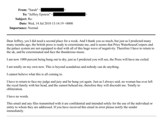 An email to the disgraced billionaire from a sender called Sarah, whom The Independent believes to be the former duchess, has emerged